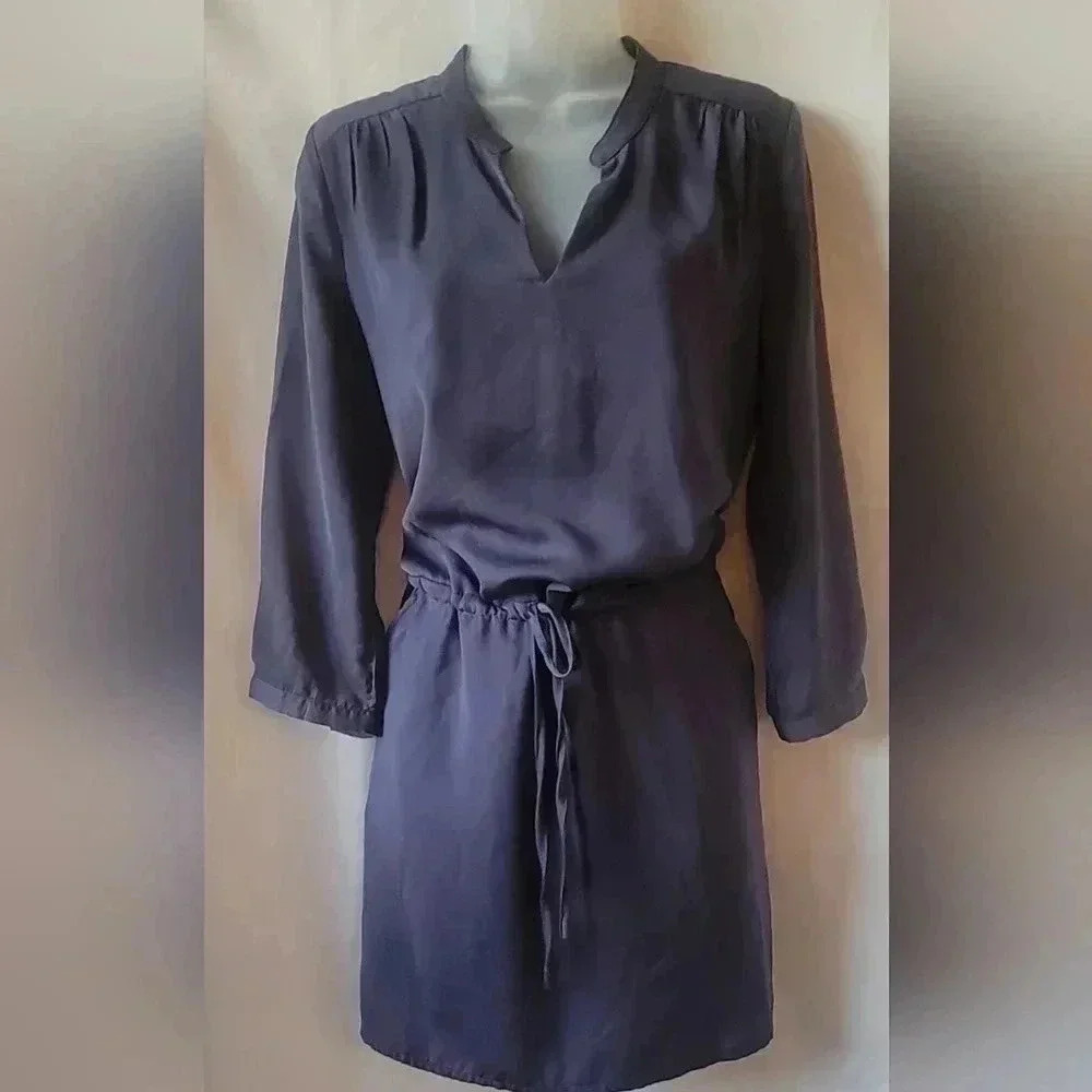 SIZE SMALL Tinley Road Silky Split-Neck Smocked Waist Drawstring Dress, Blue